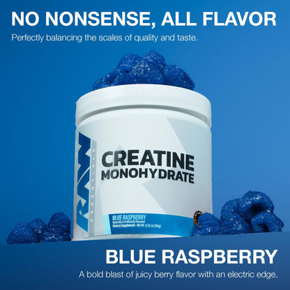 RAW Nutrition Creatine Monohydrate Powder, Blue Raspberry (30 Servings) - Micronized Creatine Monohydrate Supplement for Workout Performance, Build Muscle & Strength - dailyvitalstore