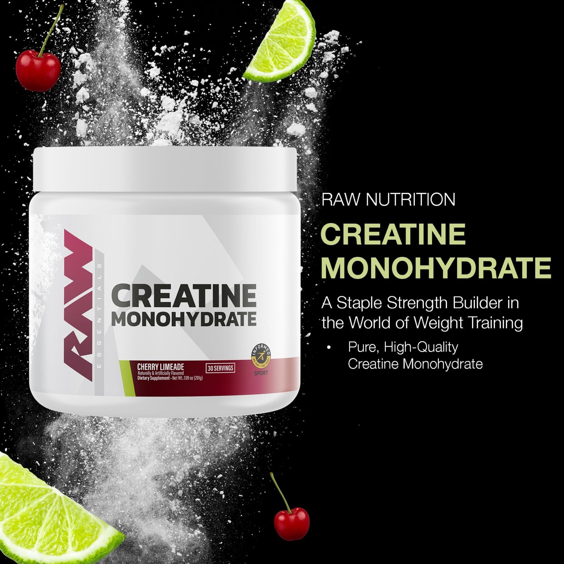 RAW Nutrition Creatine Monohydrate Powder, Cherry Limeade (30 Servings) - Micronized Creatine Monohydrate Supplement for Workout Performance, Build Muscle & Strength - dailyvitalstore