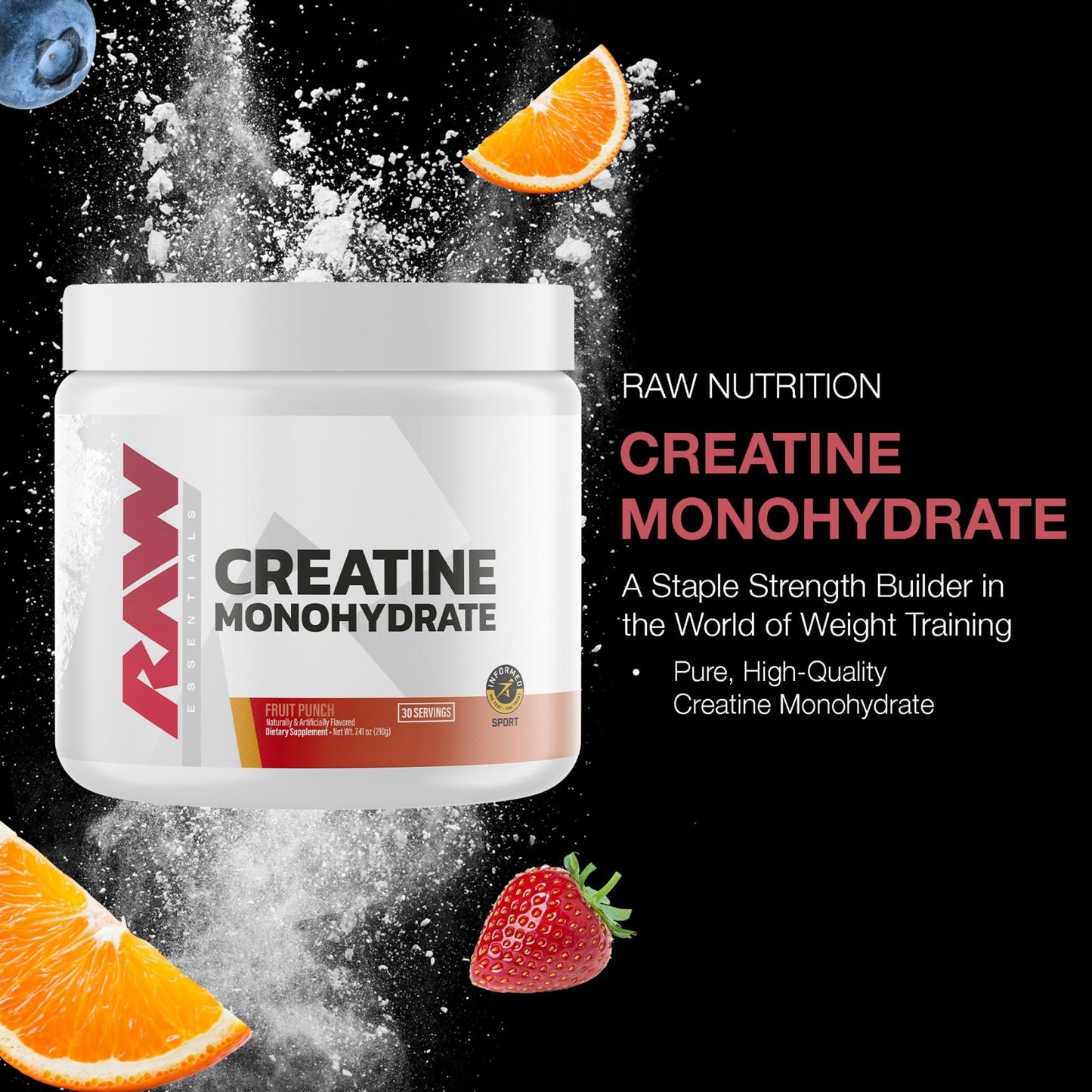 RAW Nutrition Creatine Monohydrate Powder, Fruit Punch (30 Servings) - Micronized Creatine Monohydrate Supplement for Workout Performance, Build Muscle & Strength - dailyvitalstore