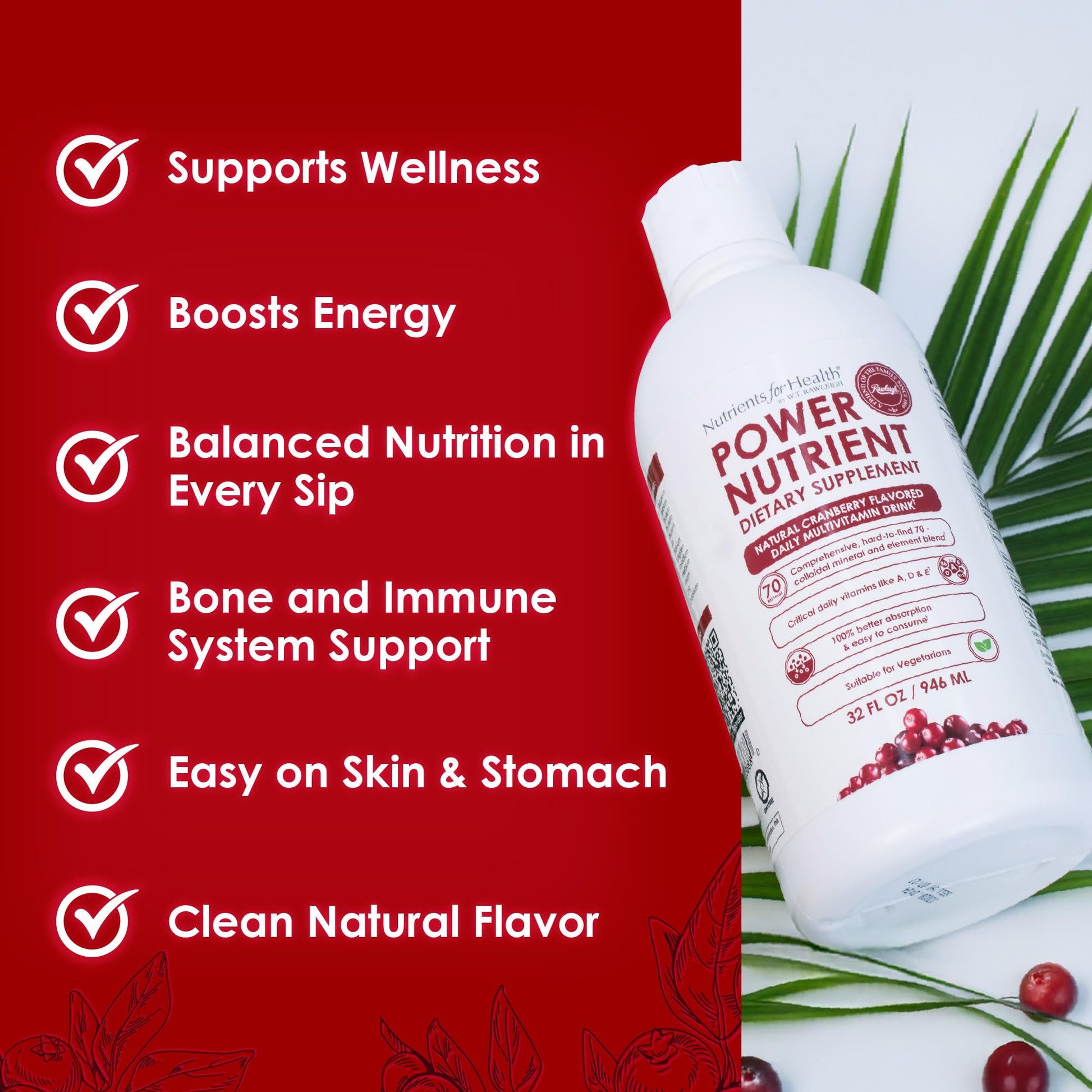 Rawleigh Power Nutrient: 32 fl oz for 1 Month - Cranberry Flavor, Daily Multivitamin Liquid Supplement for Men, Women with VIT. A - zinc & 70 Colloidal Trace Minerals, Vegetarian-Friendly, GMO Free - dailyvitalstore