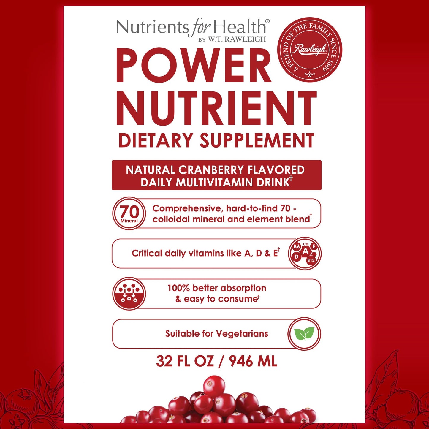 Rawleigh Power Nutrient: 32 fl oz for 1 Month - Cranberry Flavor, Daily Multivitamin Liquid Supplement for Men, Women with VIT. A - zinc & 70 Colloidal Trace Minerals, Vegetarian-Friendly, GMO Free - dailyvitalstore