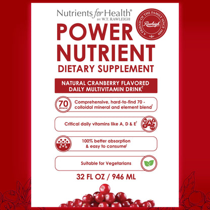 Rawleigh Power Nutrient: 32 fl oz for 1 Month - Cranberry Flavor, Daily Multivitamin Liquid Supplement for Men, Women with VIT. A - zinc & 70 Colloidal Trace Minerals, Vegetarian-Friendly, GMO Free - dailyvitalstore