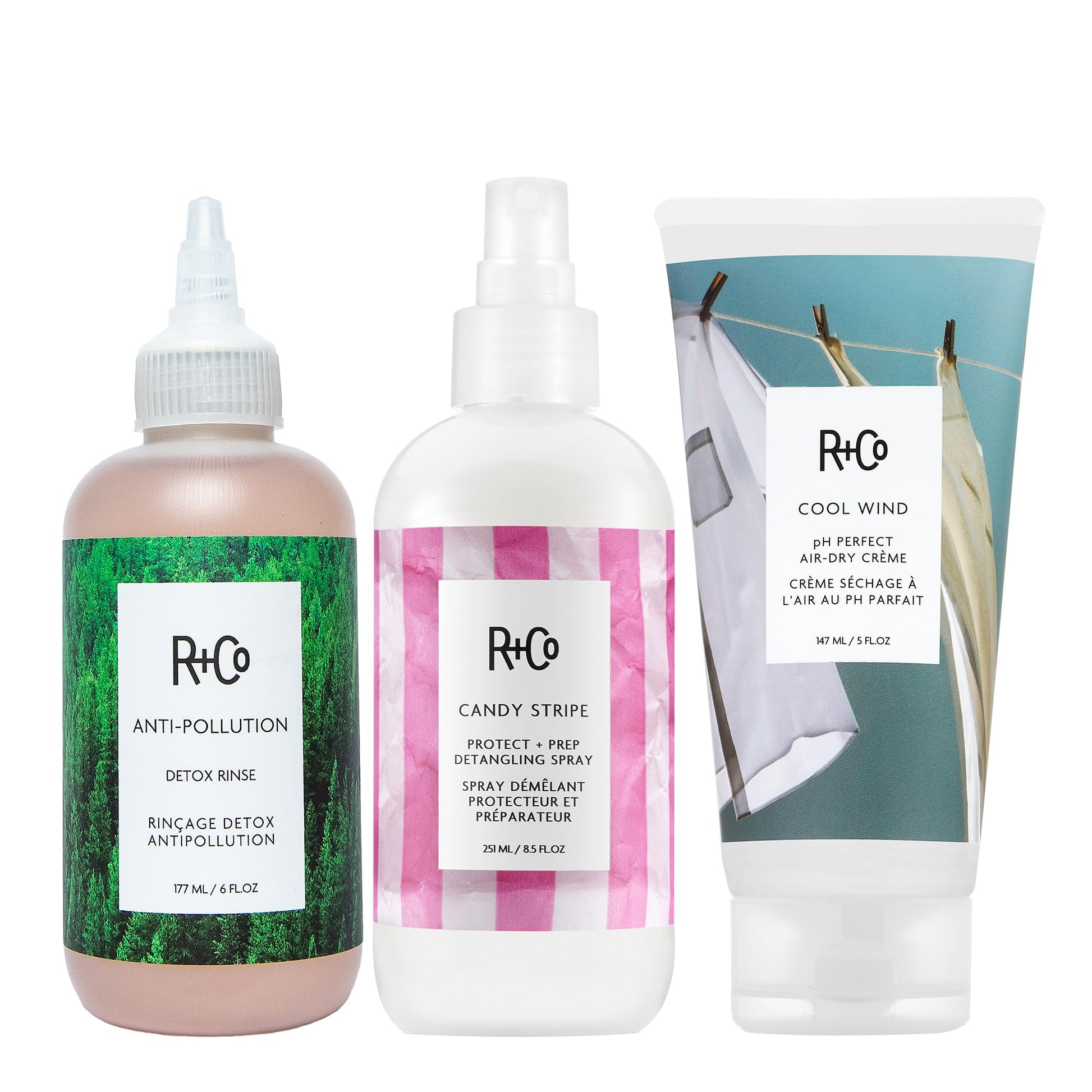 R+Co TEACUP Anti-Pollution Detox Rinse, CANDY STRIPE Protect + Prep Detangling Spray & COOL WIND pH Perfect Air Dry Crème Bundle – Hydration, Protection & Styling for All Hair Types - dailyvitalstore