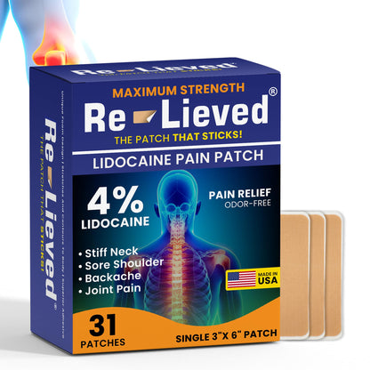 Re-Lieved 4% Lidocaine Patches Maximum Strength - Aluminum-Free, Water Resistant and USA Made -Superior Sticking Pain Relief Patches Quickly Relieves Back, Joints and Muscle Pain-3x6 Inches (31 Count) - dailyvitalstore