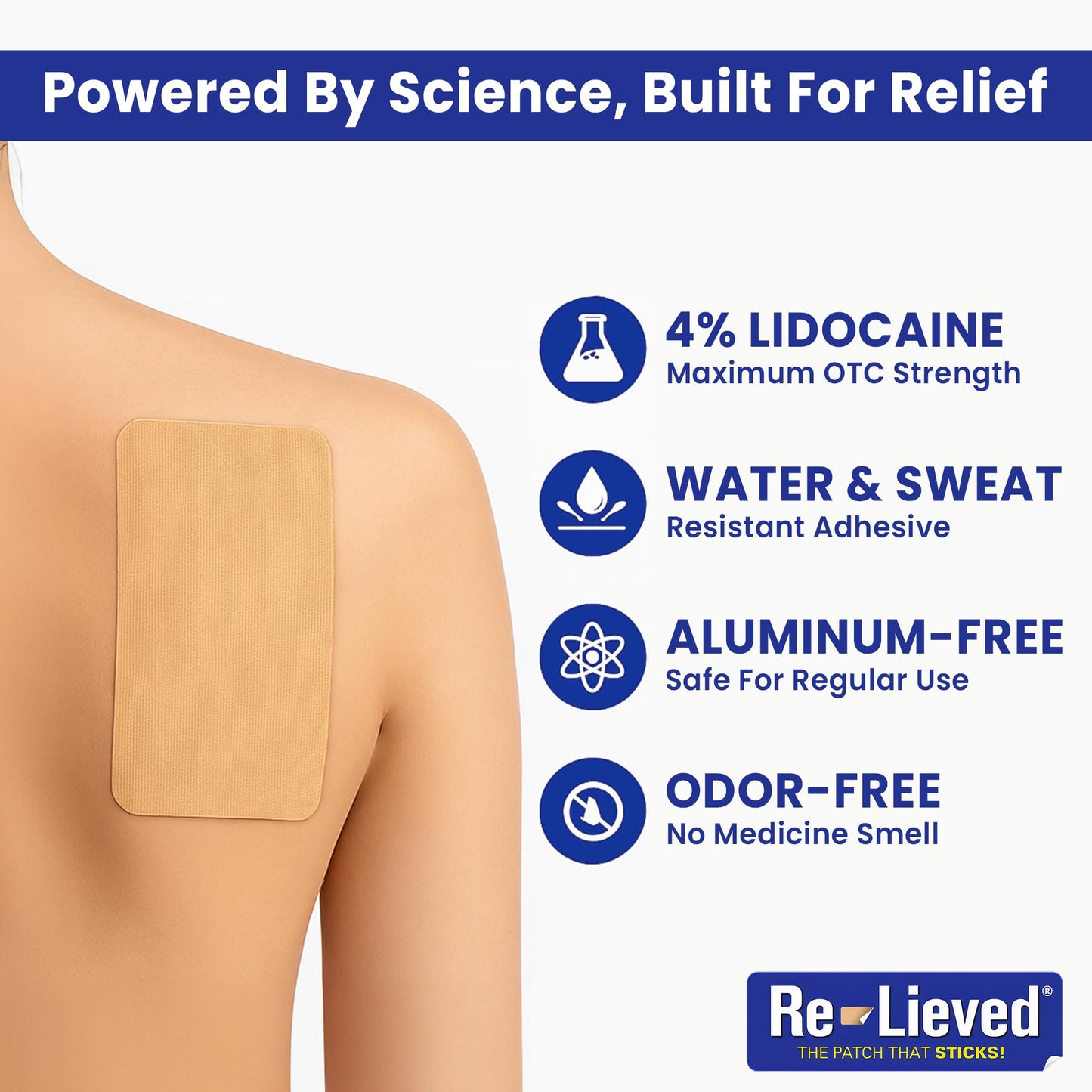Re-Lieved 4% Lidocaine Patches Maximum Strength - Aluminum-Free, Water Resistant and USA Made -Superior Sticking Pain Relief Patches Quickly Relieves Back, Joints and Muscle Pain-3x6 Inches (31 Count) - dailyvitalstore