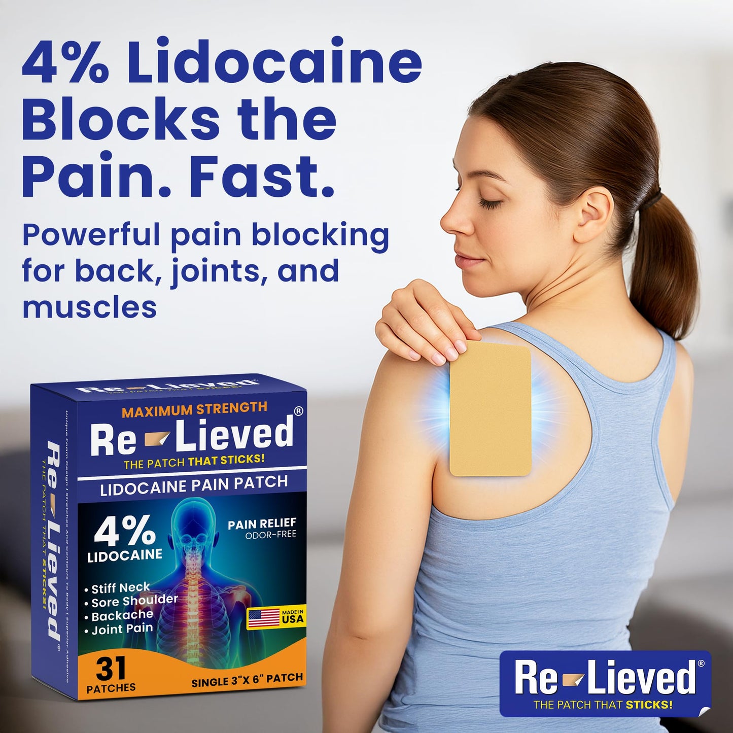 Re-Lieved 4% Lidocaine Patches Maximum Strength - Aluminum-Free, Water Resistant and USA Made -Superior Sticking Pain Relief Patches Quickly Relieves Back, Joints and Muscle Pain-3x6 Inches (31 Count) - dailyvitalstore