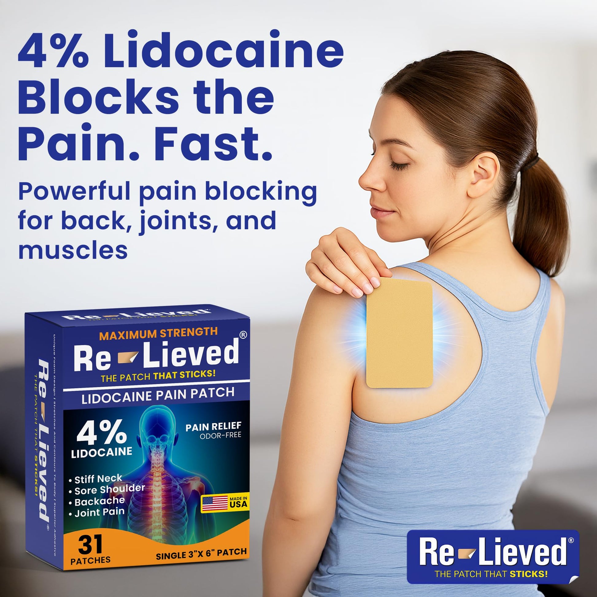 Re-Lieved 4% Lidocaine Patches Maximum Strength - Aluminum-Free, Water Resistant and USA Made -Superior Sticking Pain Relief Patches Quickly Relieves Back, Joints and Muscle Pain-3x6 Inches (31 Count) - dailyvitalstore