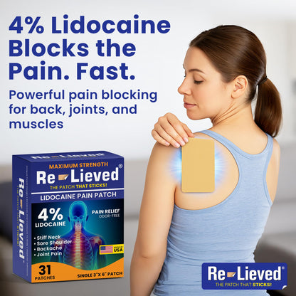 Re-Lieved 4% Lidocaine Patches Maximum Strength - Aluminum-Free, Water Resistant and USA Made -Superior Sticking Pain Relief Patches Quickly Relieves Back, Joints and Muscle Pain-3x6 Inches (31 Count) - dailyvitalstore