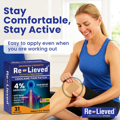 Re-Lieved 4% Lidocaine Patches Maximum Strength - Aluminum-Free, Water Resistant and USA Made -Superior Sticking Pain Relief Patches Quickly Relieves Back, Joints and Muscle Pain-3x6 Inches (31 Count) - dailyvitalstore