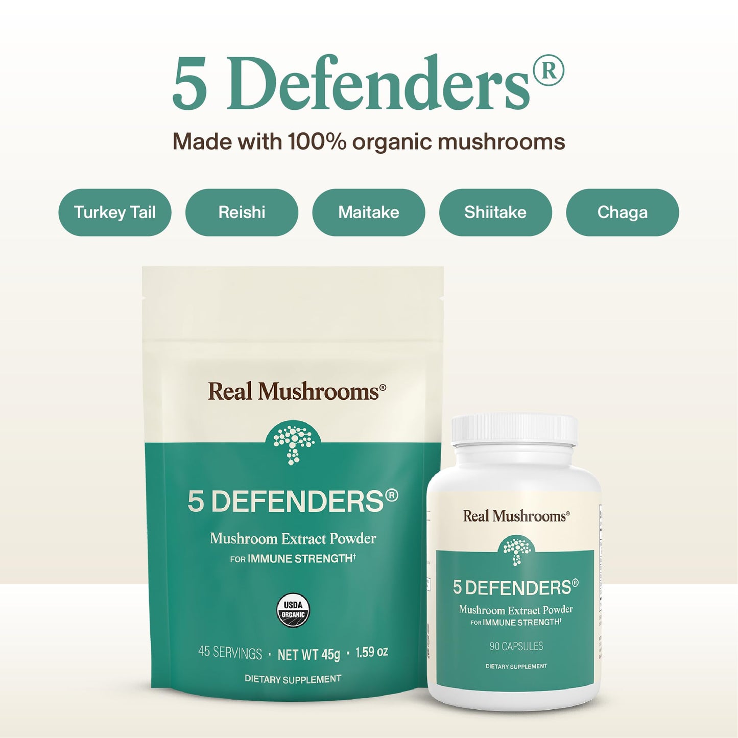 Real Mushrooms 5 Defenders - Adaptogenic Mushrooms Complex with Chaga, Reishi, Turkey Tail, Maitake & Shiitake for Wellness Support - dailyvitalstore