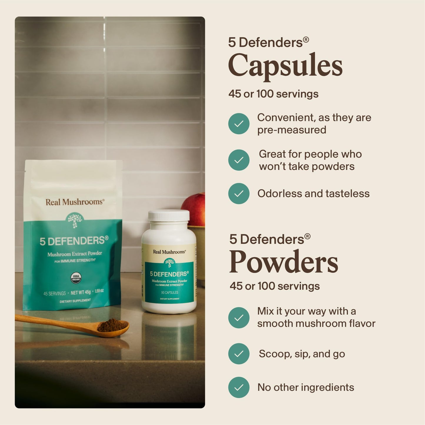 Real Mushrooms 5 Defenders - Adaptogenic Mushrooms Complex with Chaga, Reishi, Turkey Tail, Maitake & Shiitake for Wellness Support - dailyvitalstore
