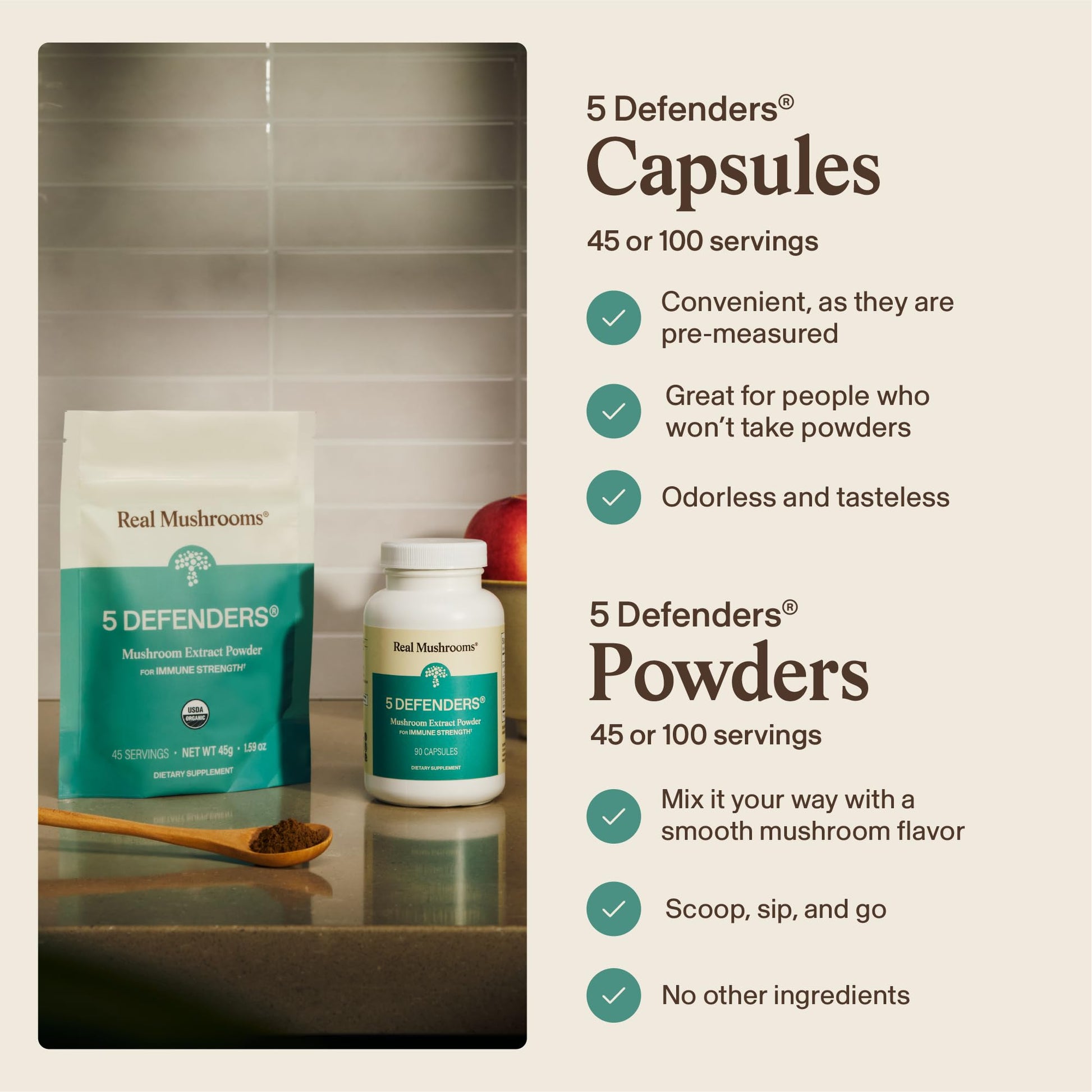 Real Mushrooms 5 Defenders - Adaptogenic Mushrooms Complex with Chaga, Reishi, Turkey Tail, Maitake & Shiitake for Wellness Support - dailyvitalstore