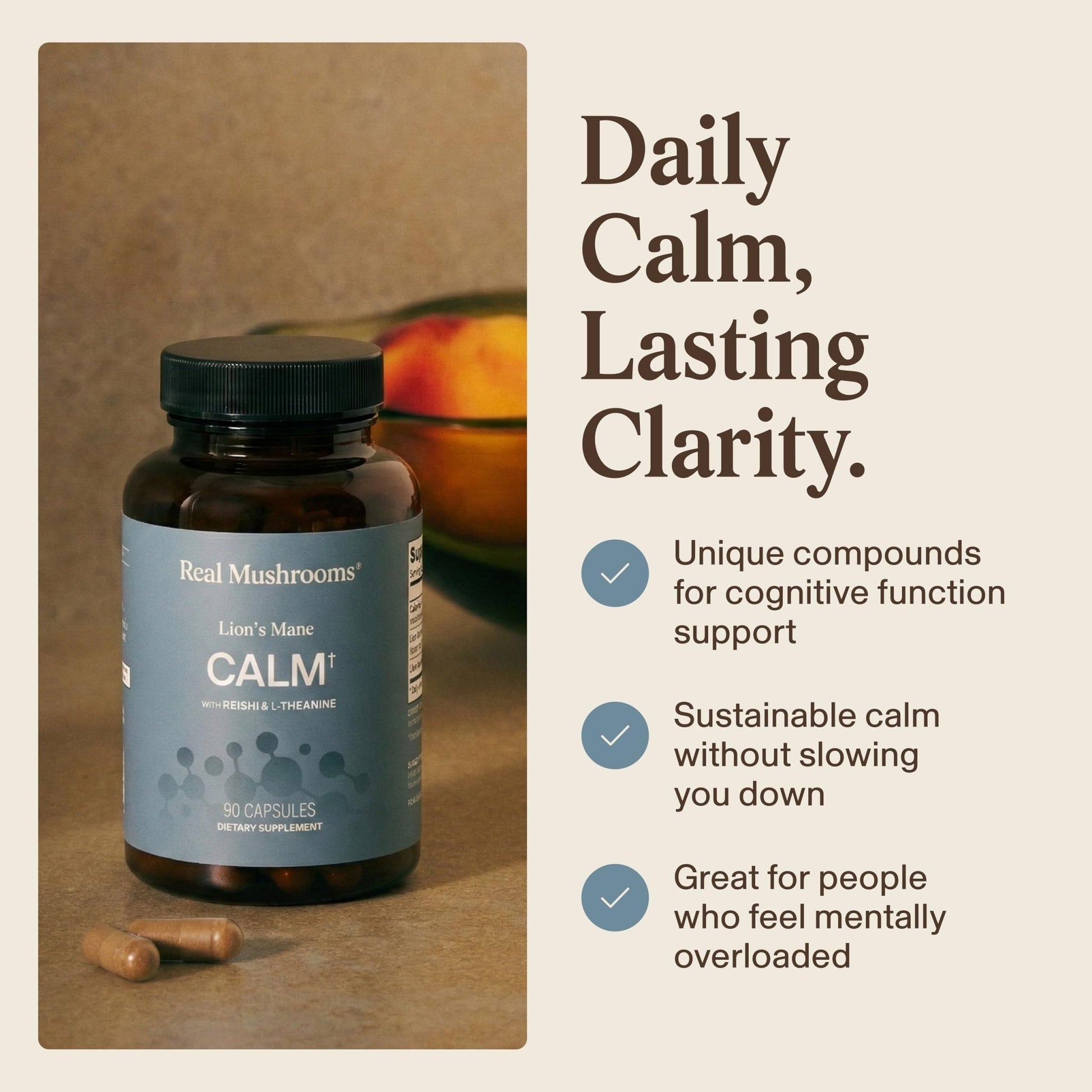 Real Mushrooms Calm Lions Mane Capsules (90 Count) – 400mg Organic Lions Mane Fruiting Body Extracts, 200mg Organic Reishi, 200mg AlphaWave L-Theanine for Calm Clarity & Relaxed Alertness, 90ct - dailyvitalstore