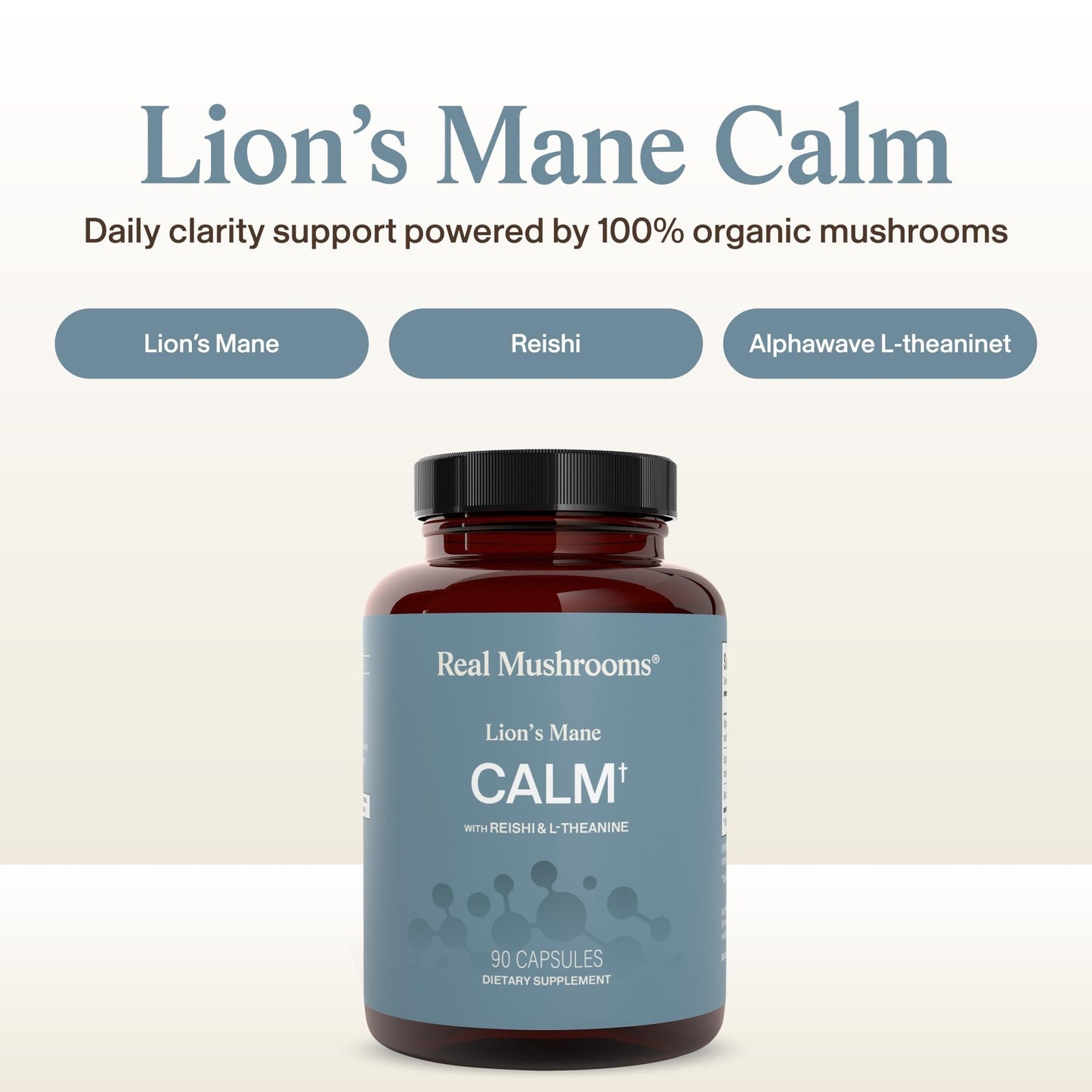 Real Mushrooms Calm Lions Mane Capsules (90 Count) – 400mg Organic Lions Mane Fruiting Body Extracts, 200mg Organic Reishi, 200mg AlphaWave L-Theanine for Calm Clarity & Relaxed Alertness, 90ct - dailyvitalstore