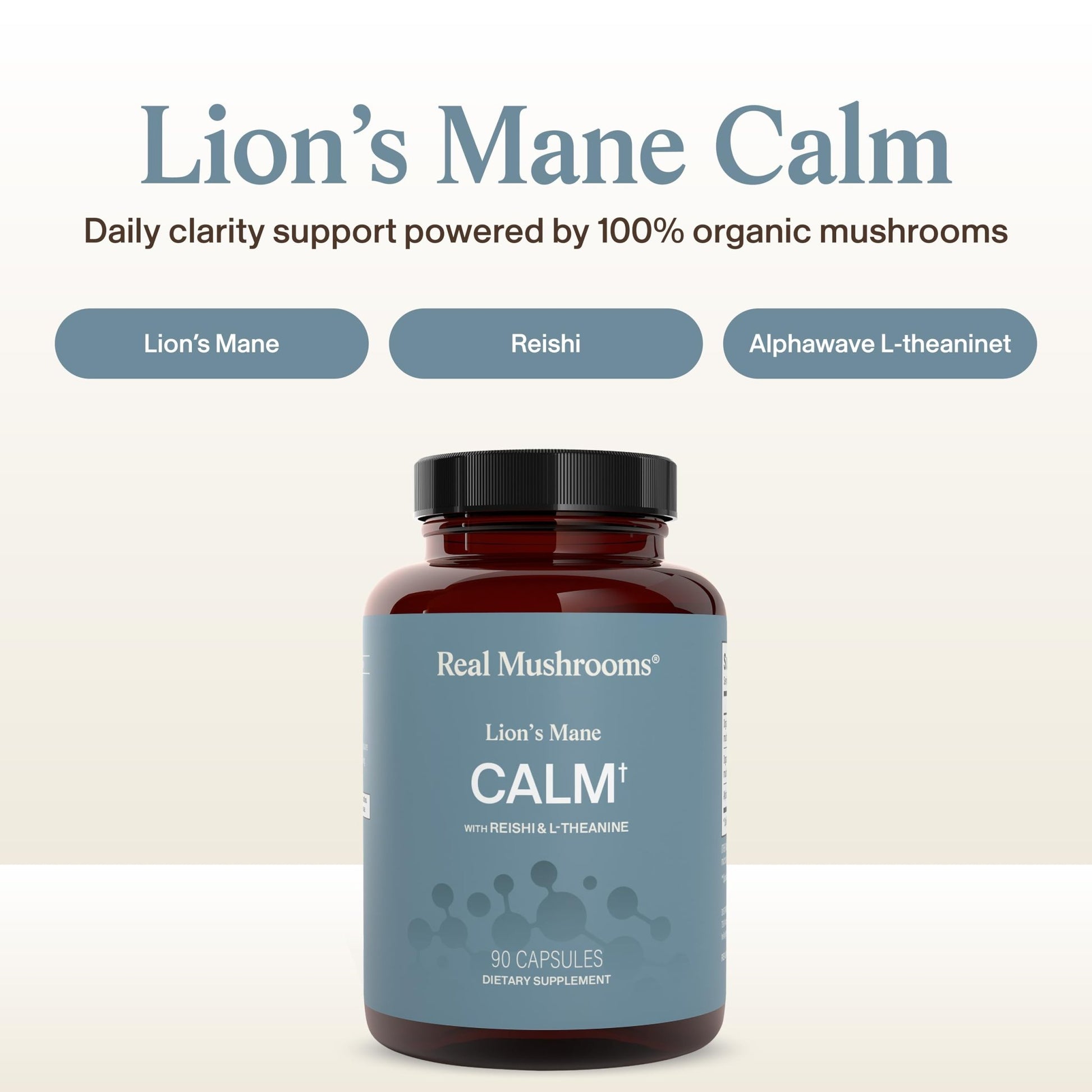 Real Mushrooms Calm Lions Mane Capsules (90 Count) – 400mg Organic Lions Mane Fruiting Body Extracts, 200mg Organic Reishi, 200mg AlphaWave L-Theanine for Calm Clarity & Relaxed Alertness, 90ct - dailyvitalstore