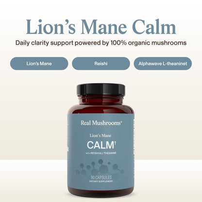 Real Mushrooms Calm Lions Mane Capsules (90 Count) – 400mg Organic Lions Mane Fruiting Body Extracts, 200mg Organic Reishi, 200mg AlphaWave L-Theanine for Calm Clarity & Relaxed Alertness, 90ct - dailyvitalstore
