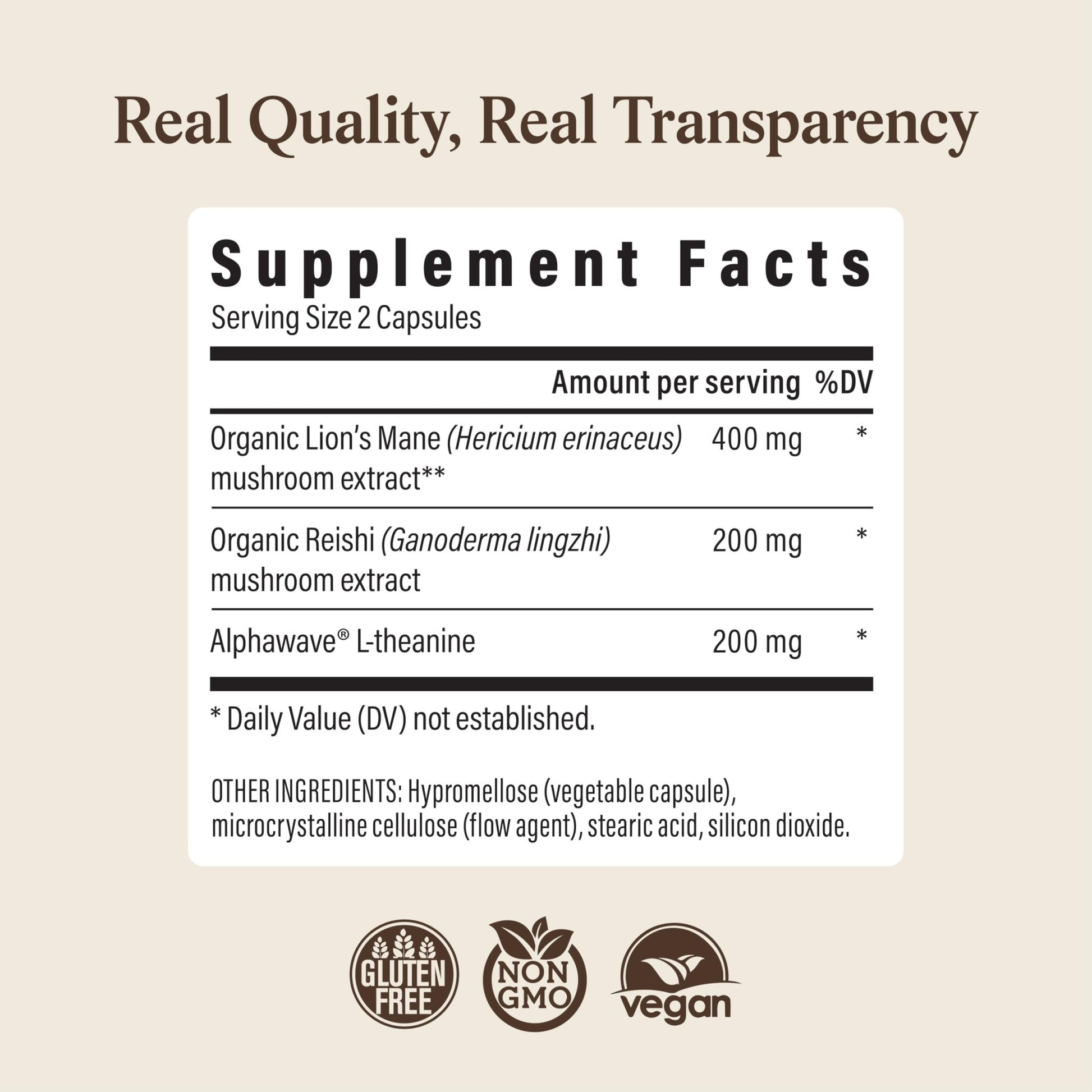Real Mushrooms Calm Lions Mane Capsules (90 Count) – 400mg Organic Lions Mane Fruiting Body Extracts, 200mg Organic Reishi, 200mg AlphaWave L-Theanine for Calm Clarity & Relaxed Alertness, 90ct - dailyvitalstore