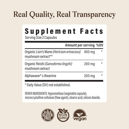Real Mushrooms Calm Lions Mane Capsules (90 Count) – 400mg Organic Lions Mane Fruiting Body Extracts, 200mg Organic Reishi, 200mg AlphaWave L-Theanine for Calm Clarity & Relaxed Alertness, 90ct - dailyvitalstore