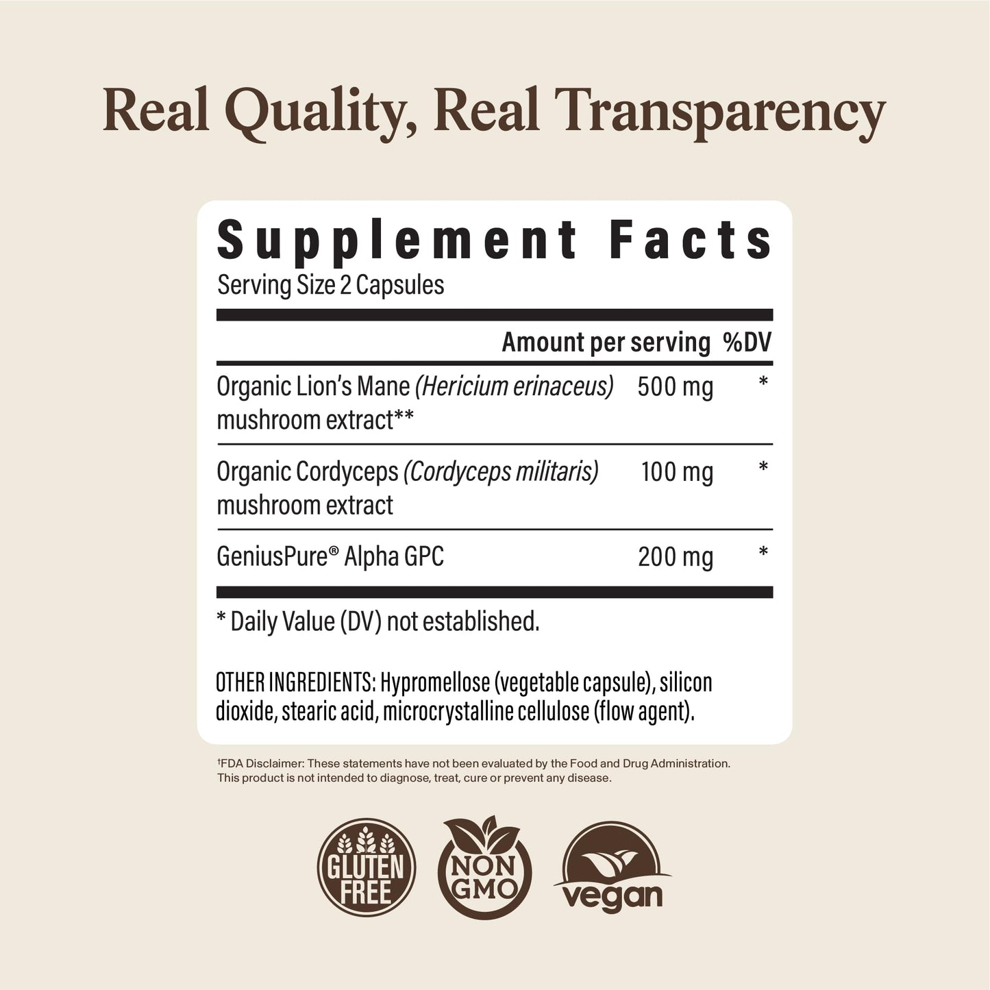 Real Mushrooms Lion’s Mane Focus Capsules (90 Count) – Organic Lions Mane Fruiting Body Extracts with 200mg Alpha GPC Choline - dailyvitalstore
