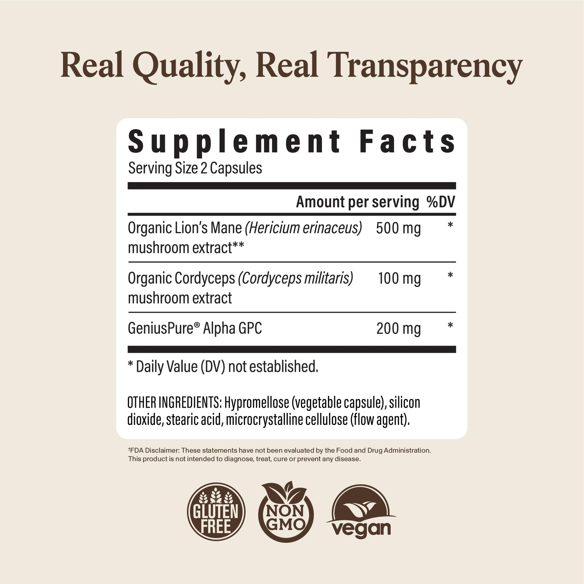 Real Mushrooms Lion’s Mane Focus Capsules (90 Count) – Organic Lions Mane Fruiting Body Extracts with 200mg Alpha GPC Choline - dailyvitalstore