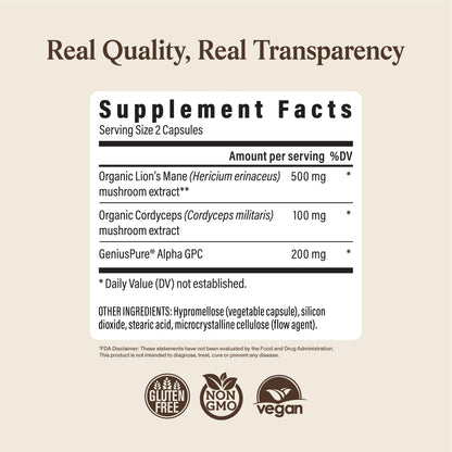 Real Mushrooms Lion’s Mane Focus Capsules (90 Count) – Organic Lions Mane Fruiting Body Extracts with 200mg Alpha GPC Choline - dailyvitalstore