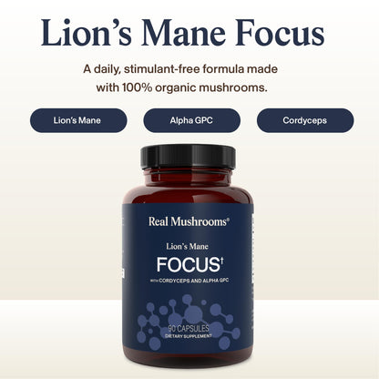 Real Mushrooms Lion’s Mane Focus Capsules (90 Count) – Organic Lions Mane Fruiting Body Extracts with 200mg Alpha GPC Choline - dailyvitalstore