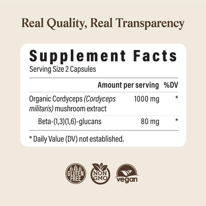 Real Mushrooms Supplement Capsules - Cordyceps Mushroom Powder Rich in Beta Glucans - Mushroom Pills Cordyceps for Energy and Performance - Vegan, Non-GMO, No Grain Fillers, 120 ct - dailyvitalstore