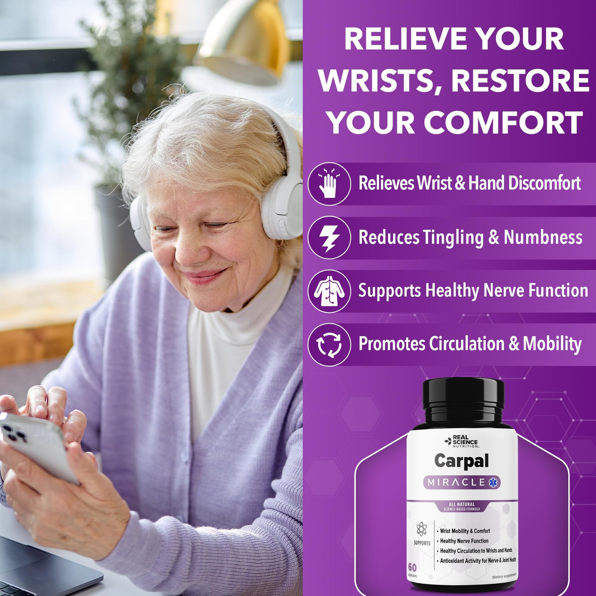 Real Science Carpal Miracle – All Natural Carpal Tunnel Relief & Wrist Support Supplement with Vitamins B6, B12, C, D, K + GABA – Hand & Nerve Comfort – Made in USA, 60 Caps - dailyvitalstore