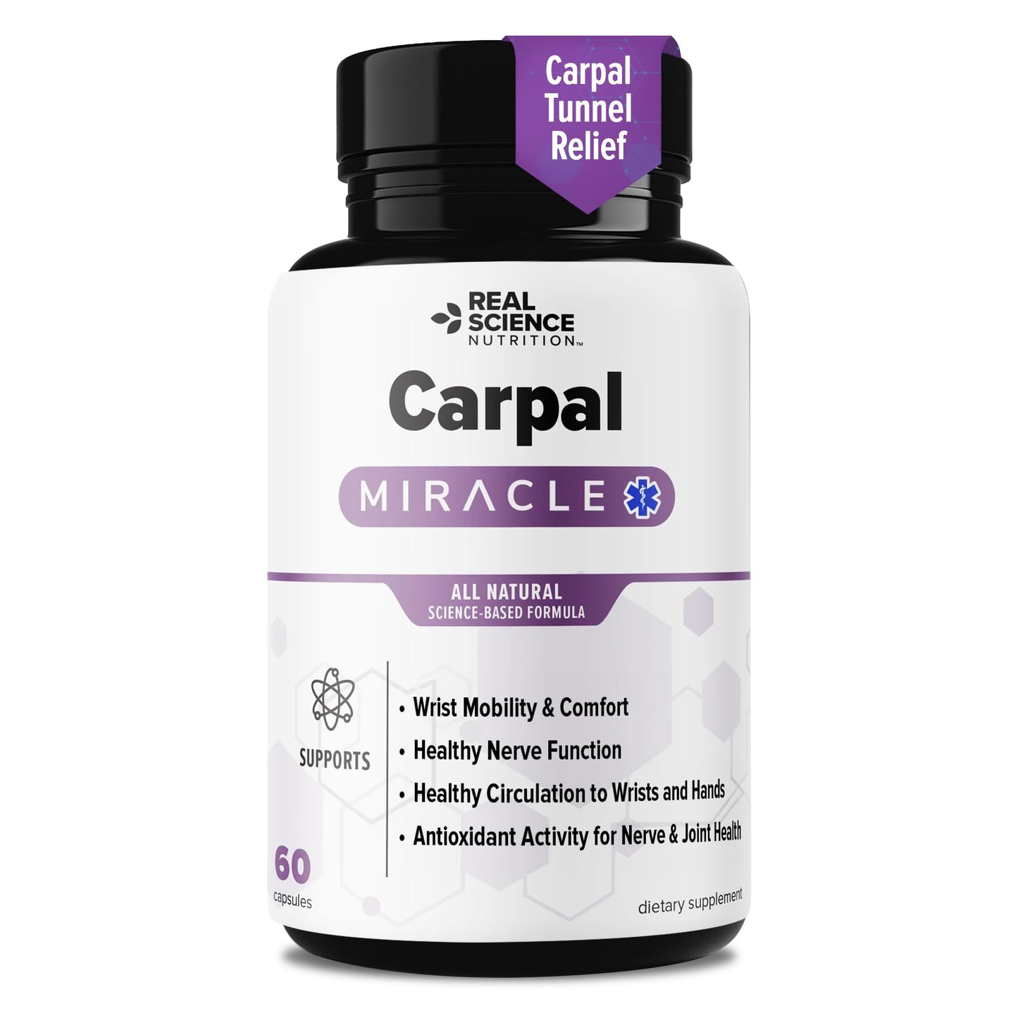 Real Science Carpal Miracle – All Natural Carpal Tunnel Relief & Wrist Support Supplement with Vitamins B6, B12, C, D, K + GABA – Hand & Nerve Comfort – Made in USA, 60 Caps - dailyvitalstore