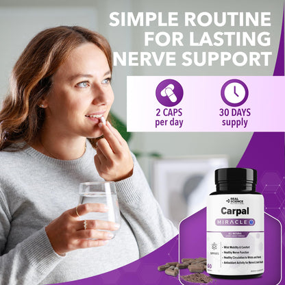 Real Science Carpal Miracle – All Natural Carpal Tunnel Relief & Wrist Support Supplement with Vitamins B6, B12, C, D, K + GABA – Hand & Nerve Comfort – Made in USA, 60 Caps - dailyvitalstore