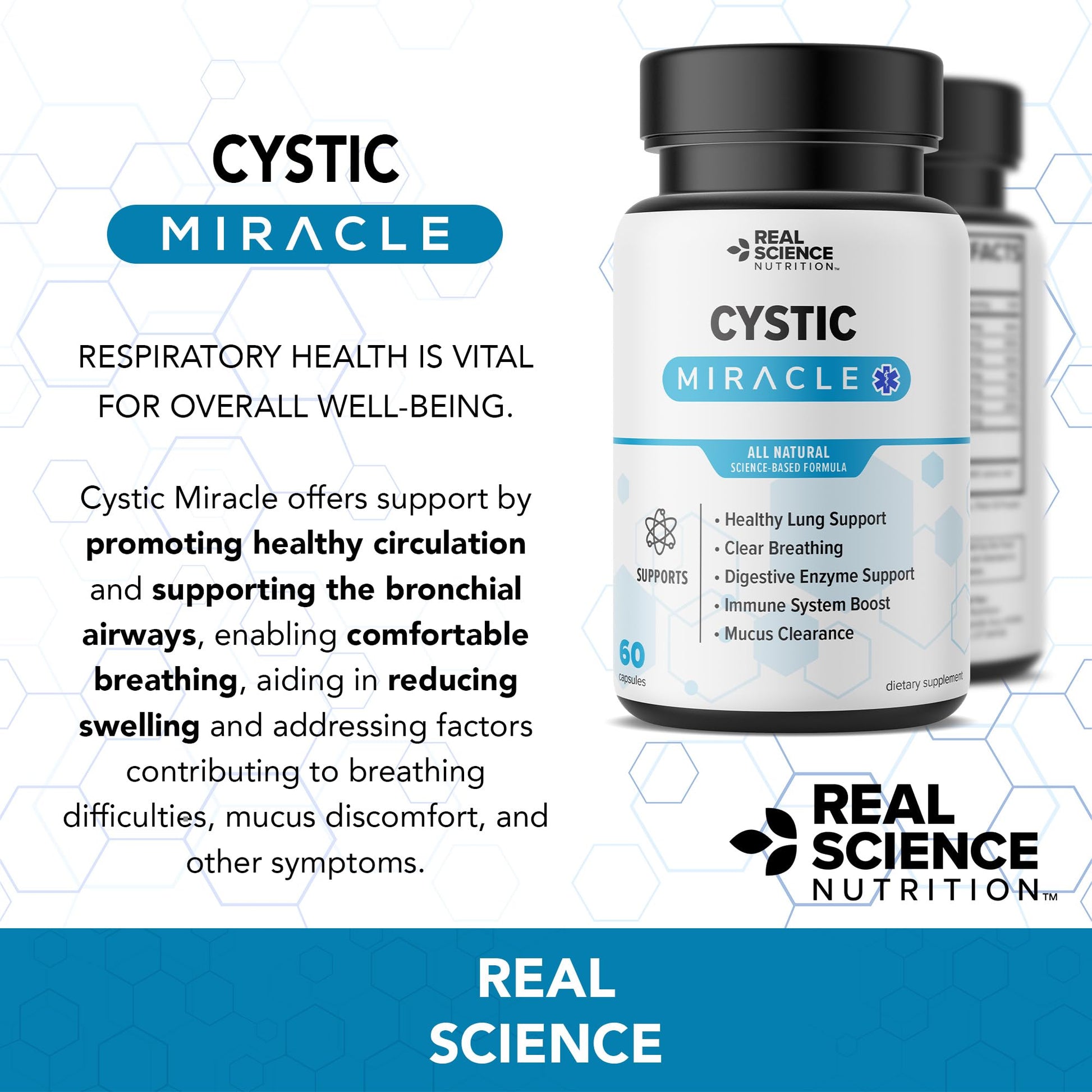 Real Science Cystic Miracle - Lung Support Supplement for Breathing Support and Mucus Clearance – with Vinitrox & GABA to Help Clear Lungs and Aid Respiratory Health, Made in USA, 60 Caps - dailyvitalstore