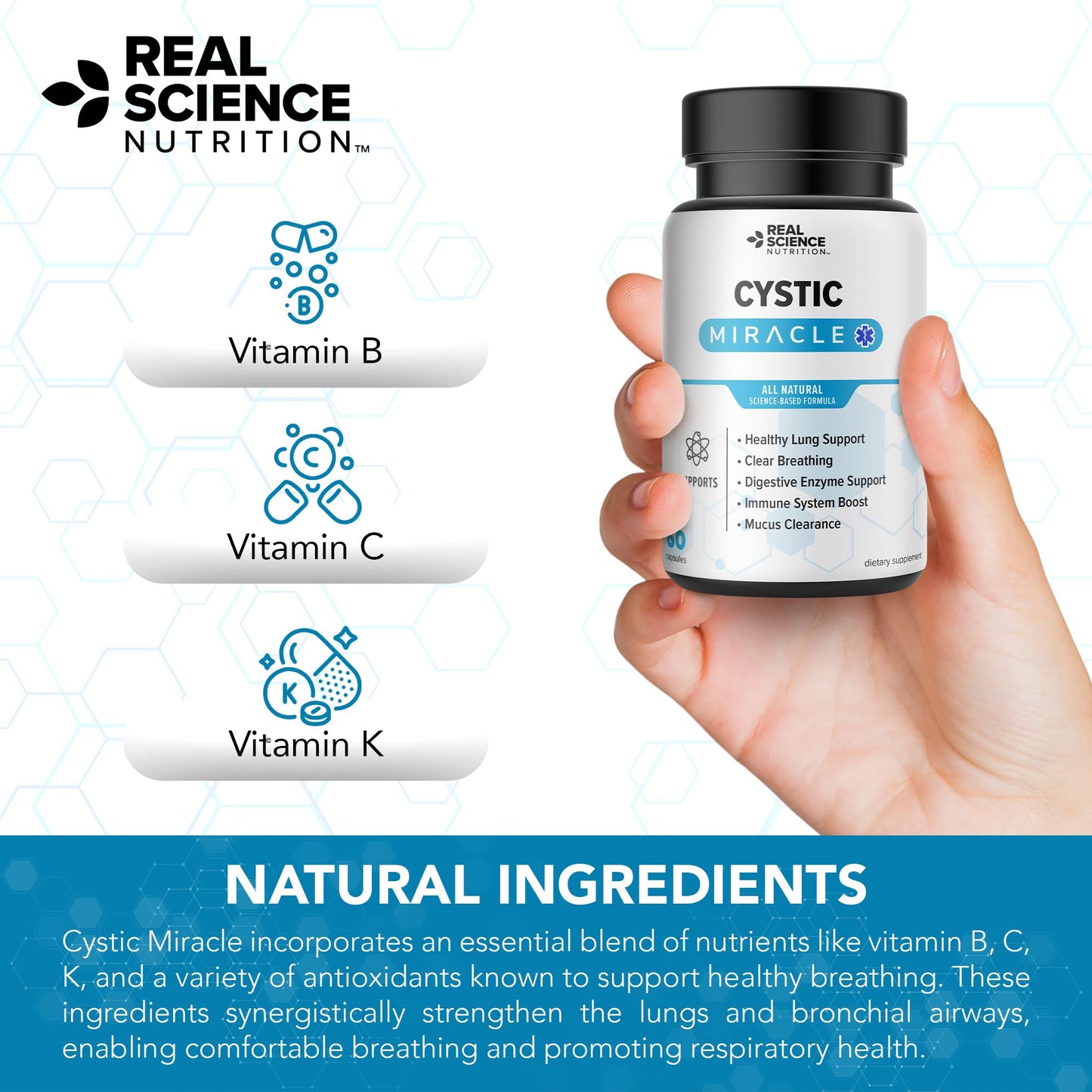Real Science Cystic Miracle - Lung Support Supplement for Breathing Support and Mucus Clearance – with Vinitrox & GABA to Help Clear Lungs and Aid Respiratory Health, Made in USA, 60 Caps - dailyvitalstore