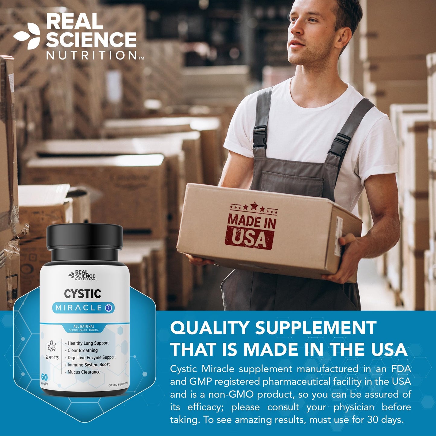 Real Science Cystic Miracle - Lung Support Supplement for Breathing Support and Mucus Clearance – with Vinitrox & GABA to Help Clear Lungs and Aid Respiratory Health, Made in USA, 60 Caps - dailyvitalstore