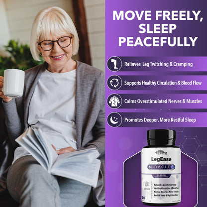 Real Science LegEase Miracle – All Natural Restless Legs Syndrome Relief & Leg Cramp Supplement with Vitamins C, D, K, B6, B12 + Nitric Oxide Support – Sleep & Circulation Aid – Made in USA, 60 Caps - dailyvitalstore