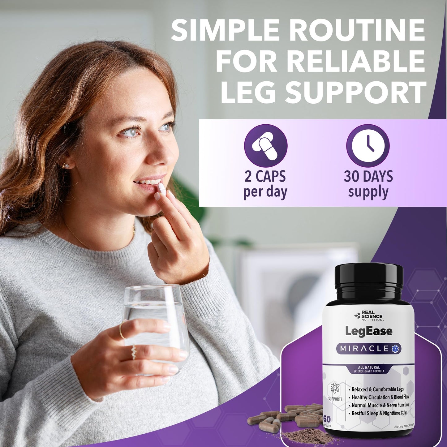 Real Science LegEase Miracle – All Natural Restless Legs Syndrome Relief & Leg Cramp Supplement with Vitamins C, D, K, B6, B12 + Nitric Oxide Support – Sleep & Circulation Aid – Made in USA, 60 Caps - dailyvitalstore