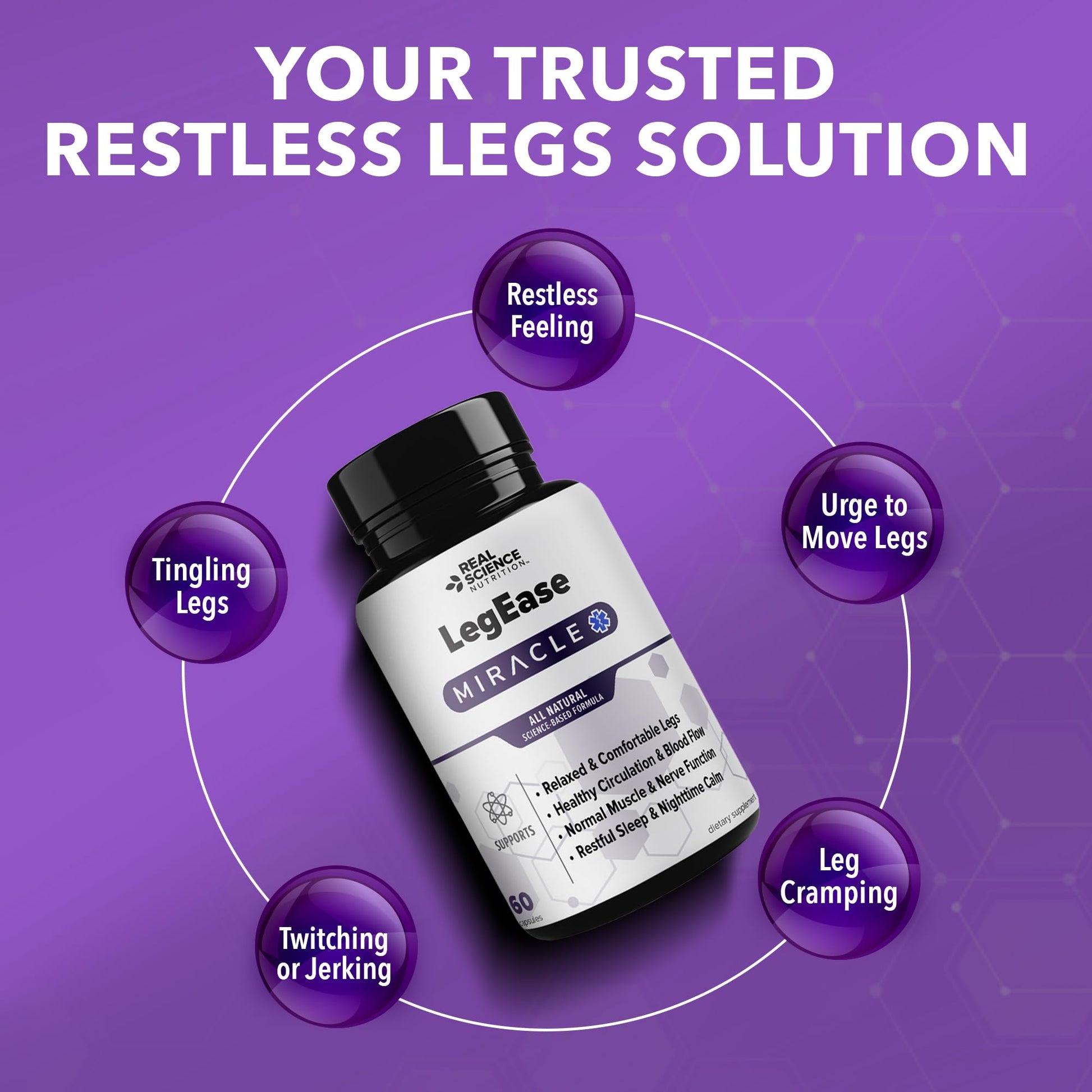 Real Science LegEase Miracle – All Natural Restless Legs Syndrome Relief & Leg Cramp Supplement with Vitamins C, D, K, B6, B12 + Nitric Oxide Support – Sleep & Circulation Aid – Made in USA, 60 Caps - dailyvitalstore