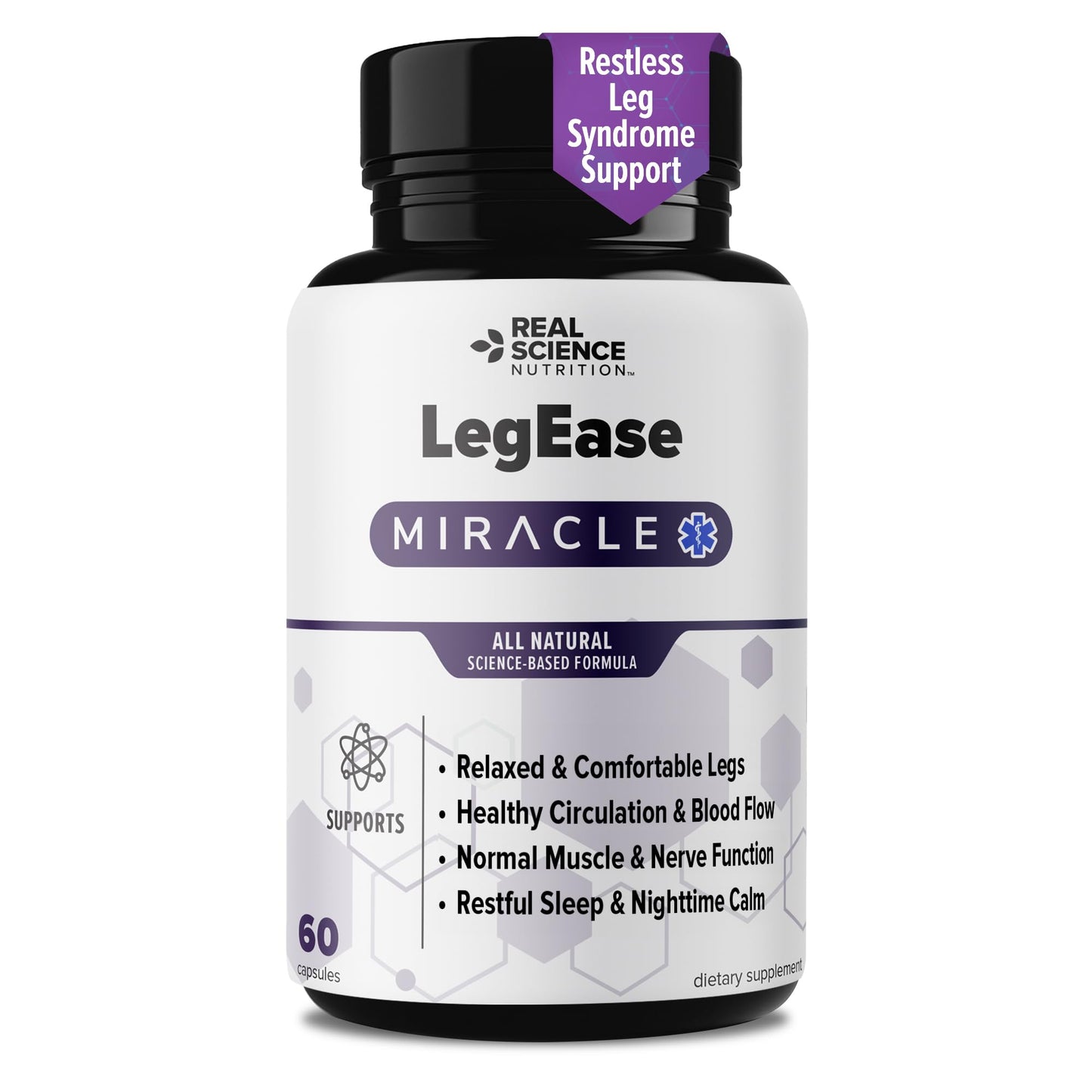 Real Science LegEase Miracle – All Natural Restless Legs Syndrome Relief & Leg Cramp Supplement with Vitamins C, D, K, B6, B12 + Nitric Oxide Support – Sleep & Circulation Aid – Made in USA, 60 Caps - dailyvitalstore