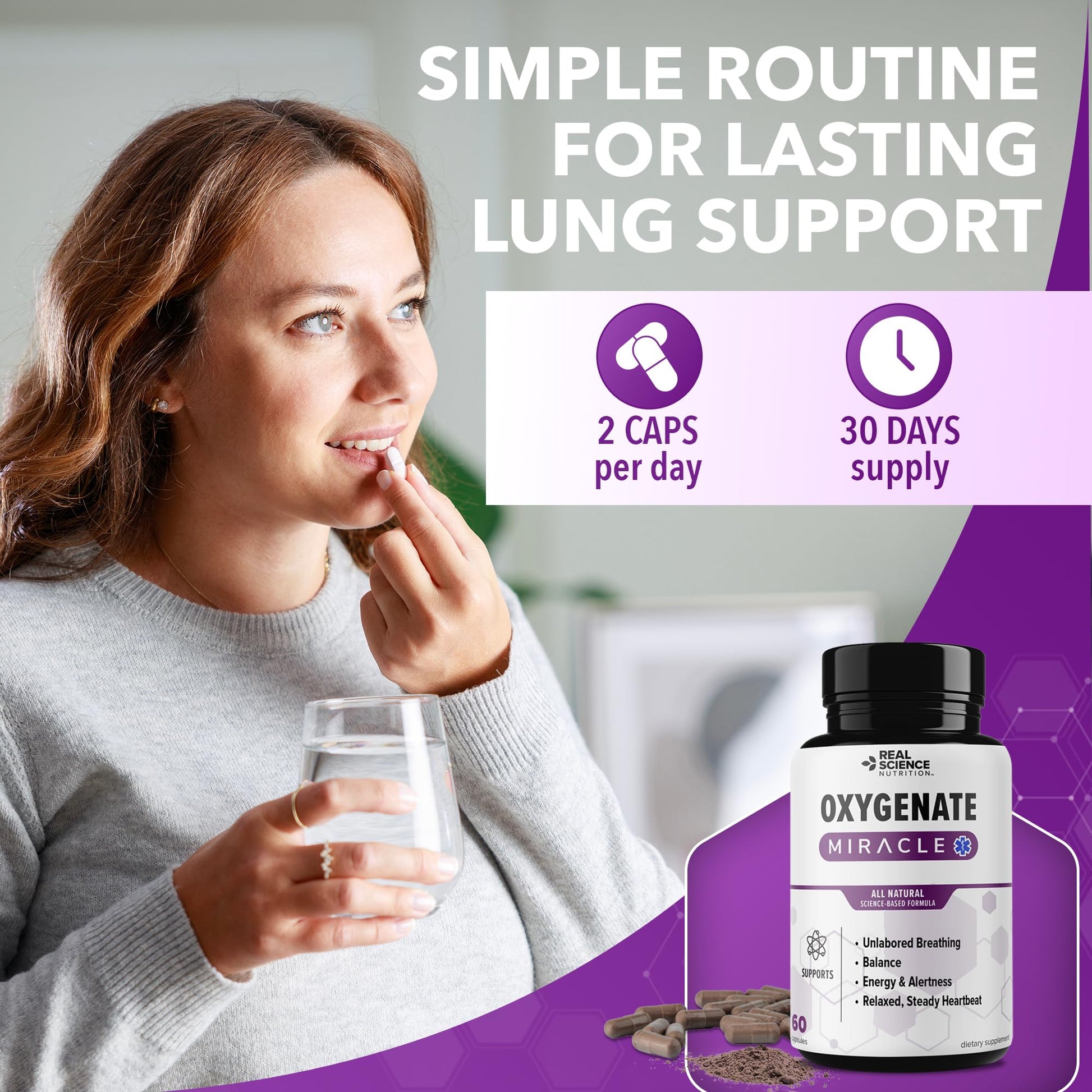 Real Science Oxygenate Miracle – Daily Lung & Circulation Support Supplement for Breathing Comfort and Energy – Supports Respiratory Function and Overall Wellness, 60 Caps - dailyvitalstore
