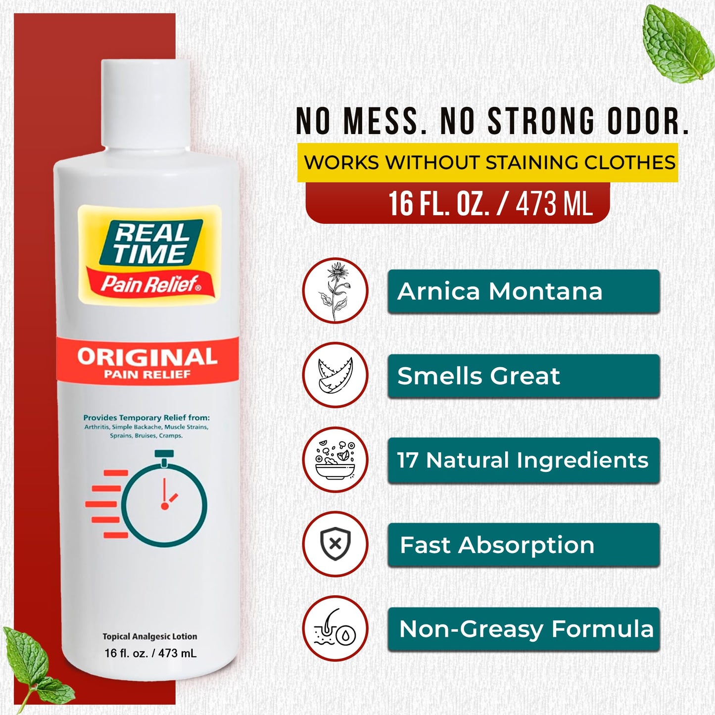 Real Time Pain Relief Cream 16oz Bottle | 17 Natural Ingredients: 1.25% Menthol, Arnica & MSM | Muscle Strain & Joint Discomfort Relief for Arthritis, Cramps, Sprains, Bruises, Hands, Back & Knee Pain - dailyvitalstore