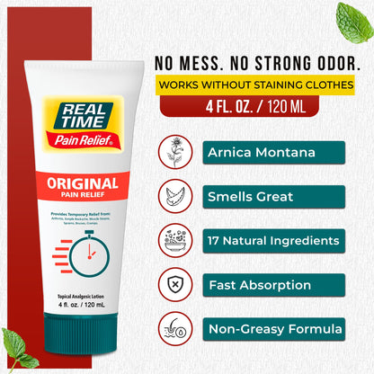 Real Time Pain Relief Cream 4oz Tube | 17 Natural Ingredients: 1.25% Menthol, Arnica & MSM | Muscle Strain & Joint Discomfort Relief for Arthritis, Cramps, Sprains, Bruises, Hands, Back & Knee Pain - dailyvitalstore