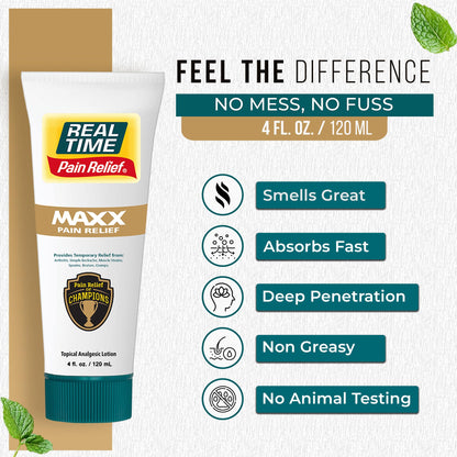 Real Time Pain Relief MAXX 4oz Tube | 18 Natural Ingredients: Arnica, Menthol & Peppermint | Maximum Strength Muscle Pain Relief Lotion for Arthritis, Hands, Ankles, Back, Shoulders, Knees & Joints - dailyvitalstore