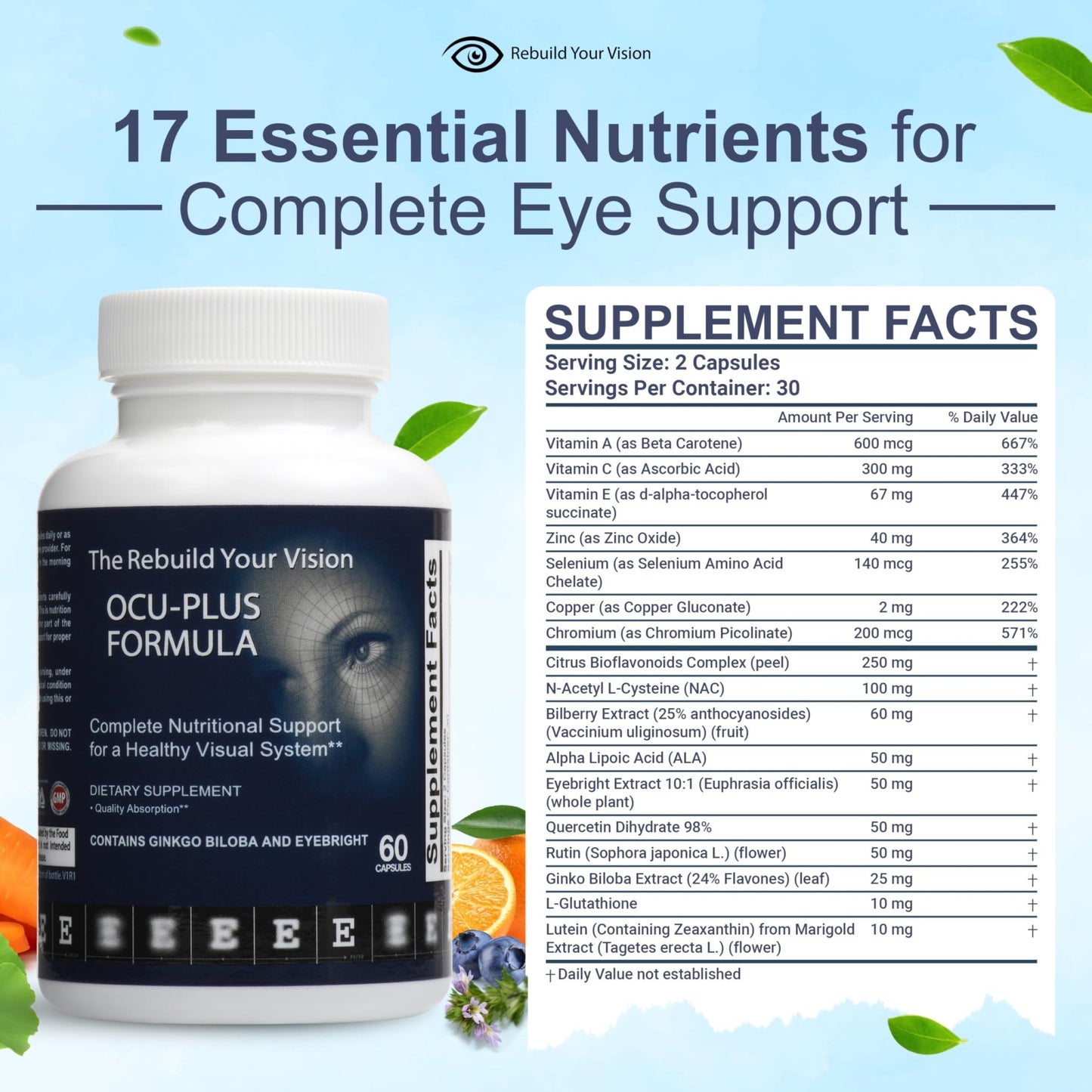 Rebuild Your Vision Ocu-Plus Formula – Eye Health Supplement with Lutein & Zeaxanthin – Supports Visual Clarity, Night Vision & Macular Health – with Bilberry, Ginkgo Biloba & NAC – 60 Capsules - dailyvitalstore