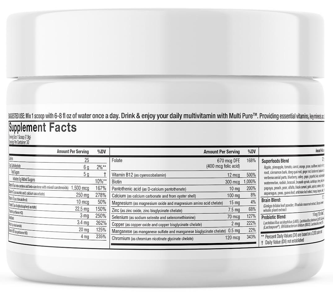 Reclaim Multi Pure Lemon Lime, Immune Support, Vitamin C, Vitamin B Complex, Probiotic, Superfood Powder, Calcium, Magnesium Oxide, (30 Servings) (Lemon Lime) - dailyvitalstore