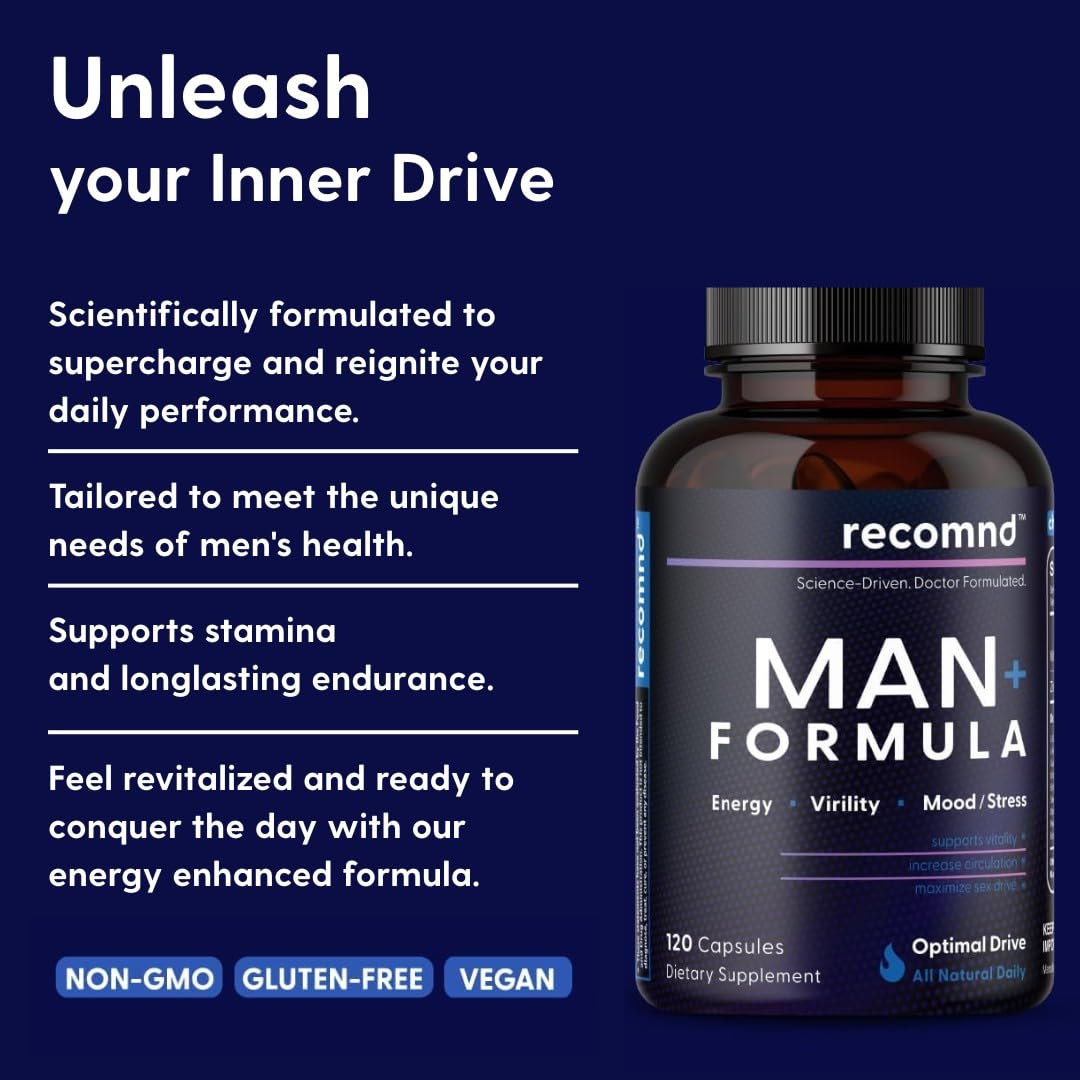 recomnd Nutrition - Man+ Formula, Energy Support, Muscle Support, and Prostate Health Supplements for Men with Vitamin E, Saw Palmetto, Red Korean Ginseng, and More, 120 Capsules - dailyvitalstore