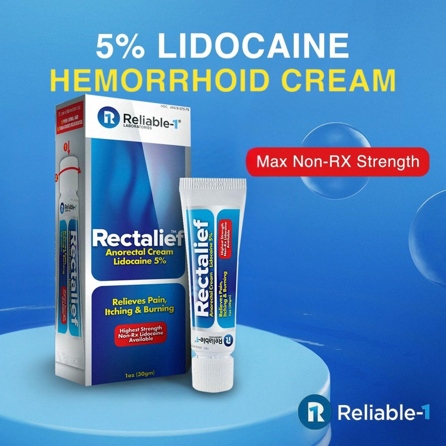 Rectalief 5% Lidocaine Hemorrhoid Cream (Max Non-RX Strength) Reliable-1 Laboratories Soothing Anorectal, Numbing Hemorrhoidal Ointment - Pain, Itching, & Burning, Strongest OTC Anal Treatment, 2-Pack - dailyvitalstore
