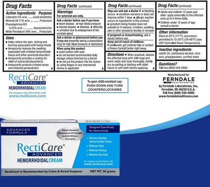 Recticare Advanced Hemorrhoidal Cream: Advanced Treatment to Shrink & Soothe Hemorrhoids - Itch, Pain, Burn Relief - 30g Hemorrhoidal Cream with Lidocaine - dailyvitalstore