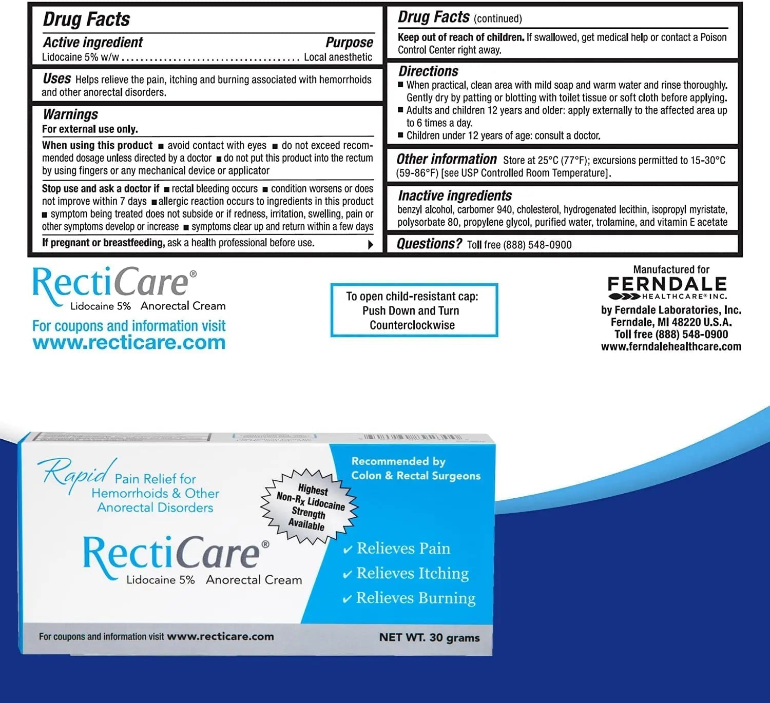 Recticare Anorectal Lidocaine 5% Cream: Topical Numbing Cream for Treatment of Hemorrhoids & Other Anorectal Disorders - 30g Tube - dailyvitalstore