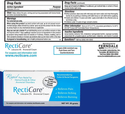 Recticare Anorectal Lidocaine 5% Cream: Topical Numbing Cream for Treatment of Hemorrhoids & Other Anorectal Disorders - 30g Tube - dailyvitalstore