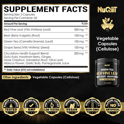 Red Vine Leaf Extract 15000mg Beet Root 3000mg Organic Green Tea 3000mg Supplement & More - Support Heart Health, Strength, Immune System & Body Management - 120 Vegan Capsules for 2-Month Supply - dailyvitalstore