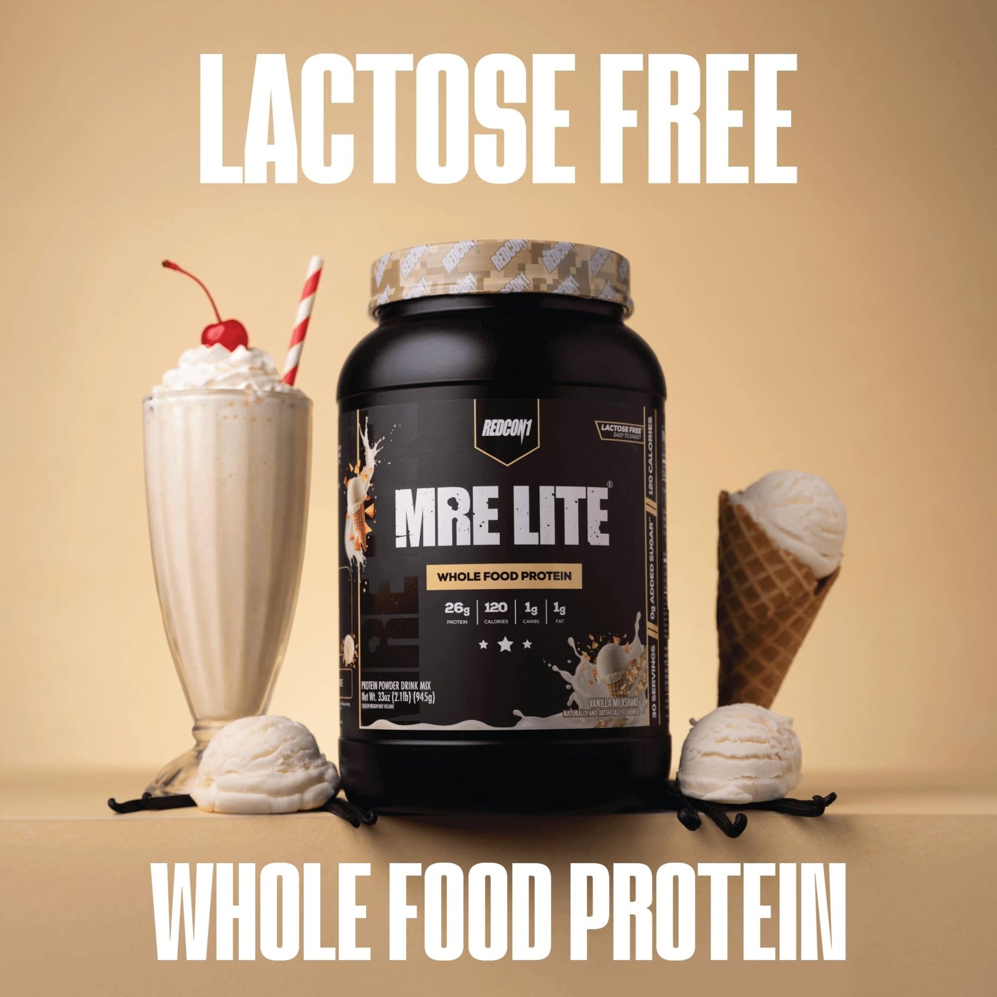 REDCON1 MRE LITE Whole Food Protein Powder, Vanilla Milkshake - Lactose Free & Sugar Free Meal Replacement with Animal Protein Blends - Easy to Digest Formula - Only 1g Carb per Serving (30 Servings) - dailyvitalstore